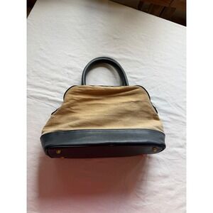 Etienne Aigner Satchel Handbag Tan Canvas Black Faux Leather Gold Hardware Logo